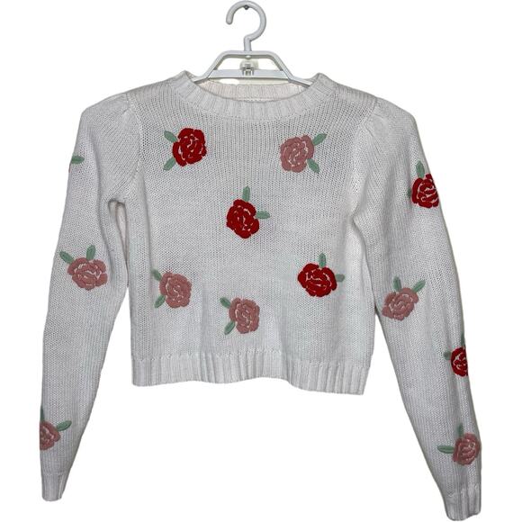 Women's White Pink Rose Embroidered Rose Flowers Cropped Sweater Twee Cottage M - Picture 1 of 8